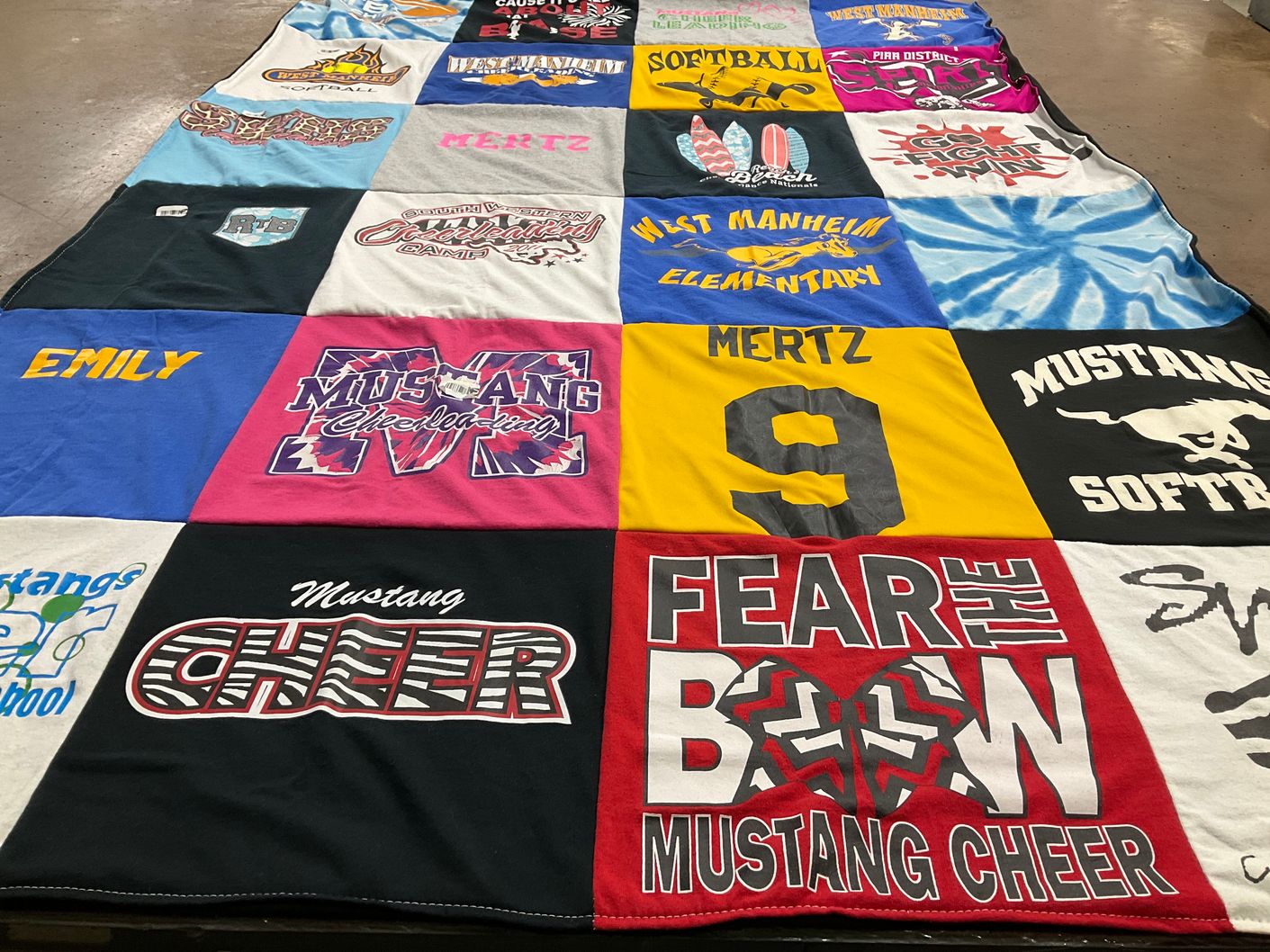 T-shirt quilt featuring mustang cheer, mustang softball by Kelli from PA