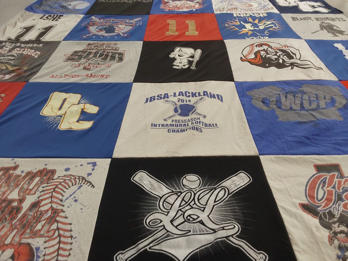 T-shirt quilt with softball, baseball themes by Suzanne from TX