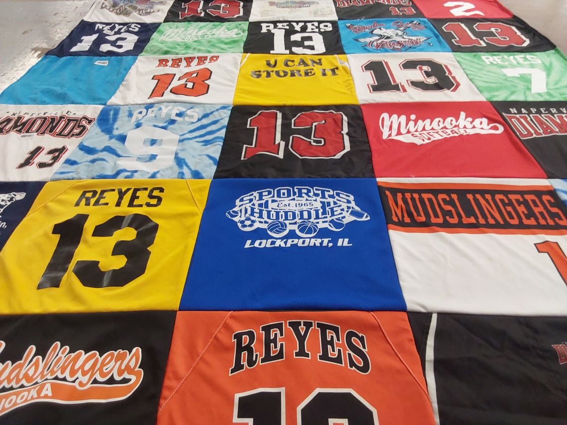 T-shirt quilt with sports, softball themes by Danielle from IL