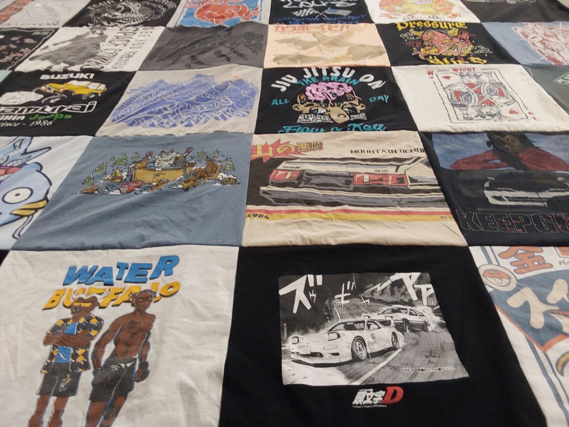 T-shirt quilt with anime, cars themes by Erika from MA