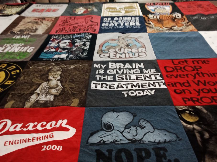 T-shirt quilt with comics, humor themes by Dawn from AZ