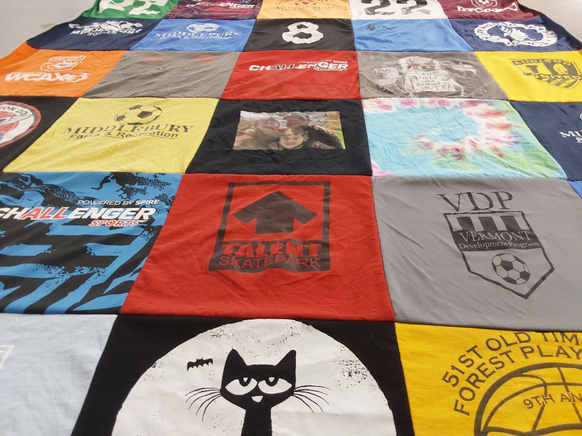 T-shirt quilt with soccer, skateboarding themes by Carolyn from VT