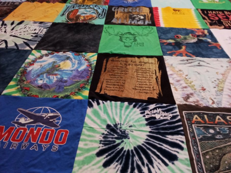 T-shirt quilt with travel, souvenirs themes by Mary Jo from WV