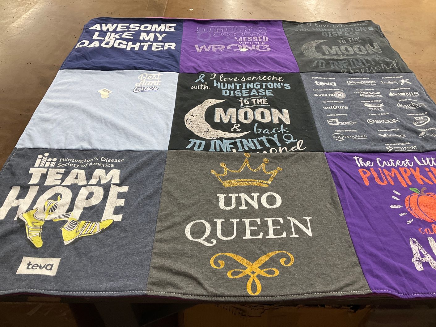 T-shirt quilt with huntington's disease themes by Joseph from NJ