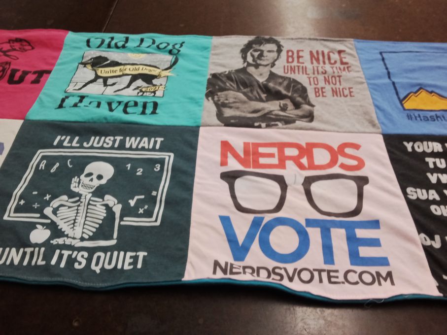 T-shirt quilt with dogs, voting themes by Kimberly from WA