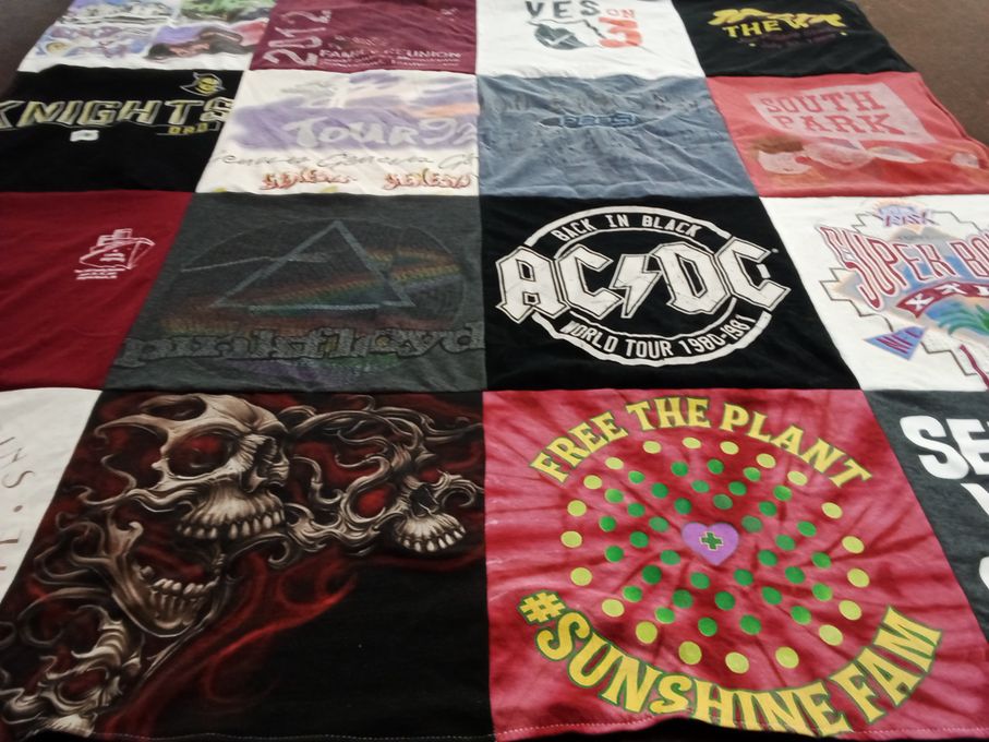 T-shirt quilt with music, comedy themes by Holly from FL