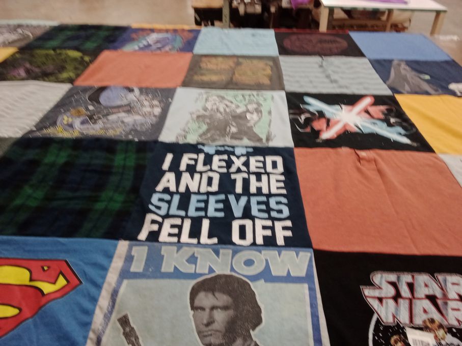 T-shirt quilt with comics, science fiction themes by Mandy from AR