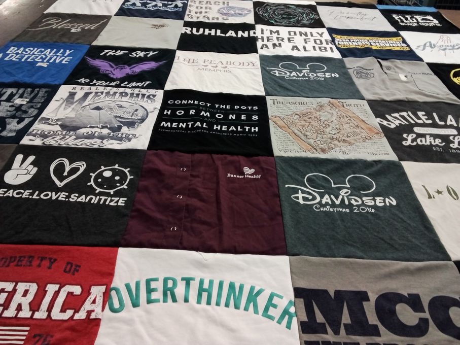 T-shirt quilt with health, mental health themes by Sally from AZ