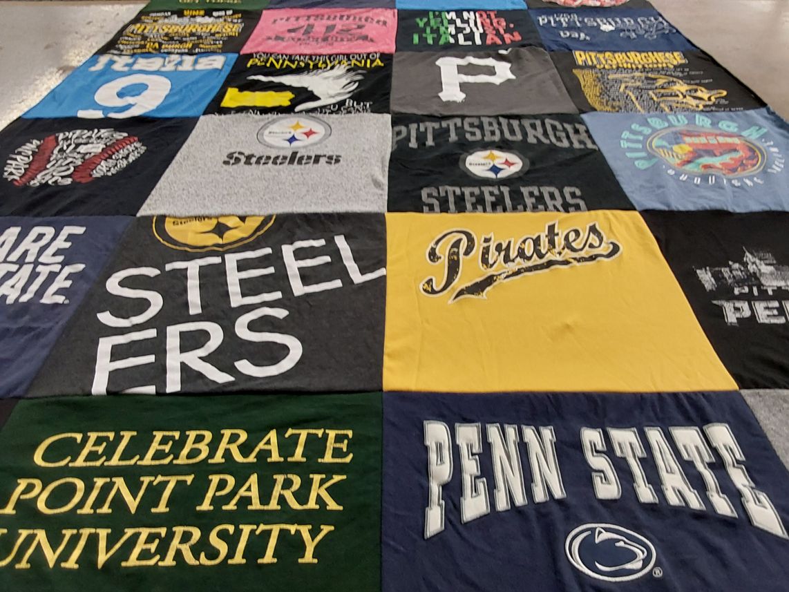 T-shirt quilt featuring pittsburgh pirates, pittsburgh steelers by Jennifer from CA
