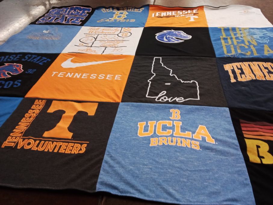 T-shirt quilt featuring tennessee volunteers, boise state broncos by Jennifer from CA