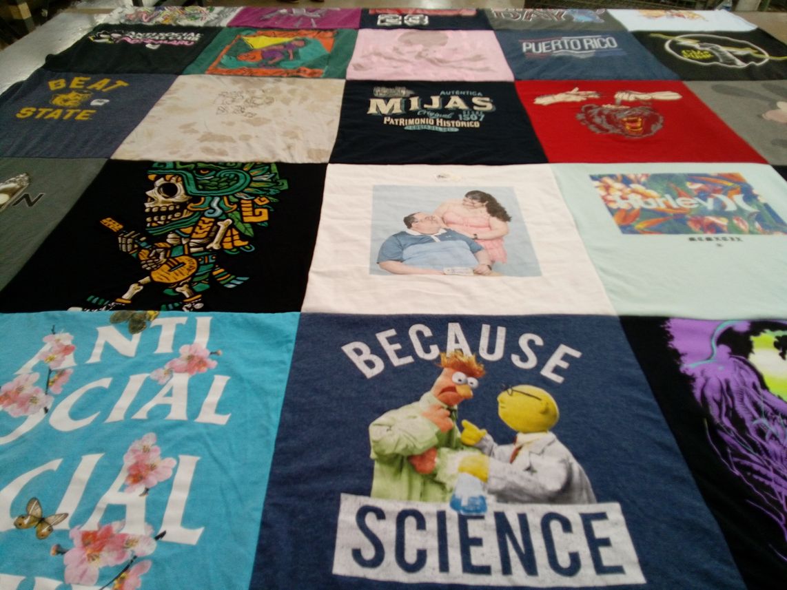 T-shirt quilt with music, science themes by Colleen from MI