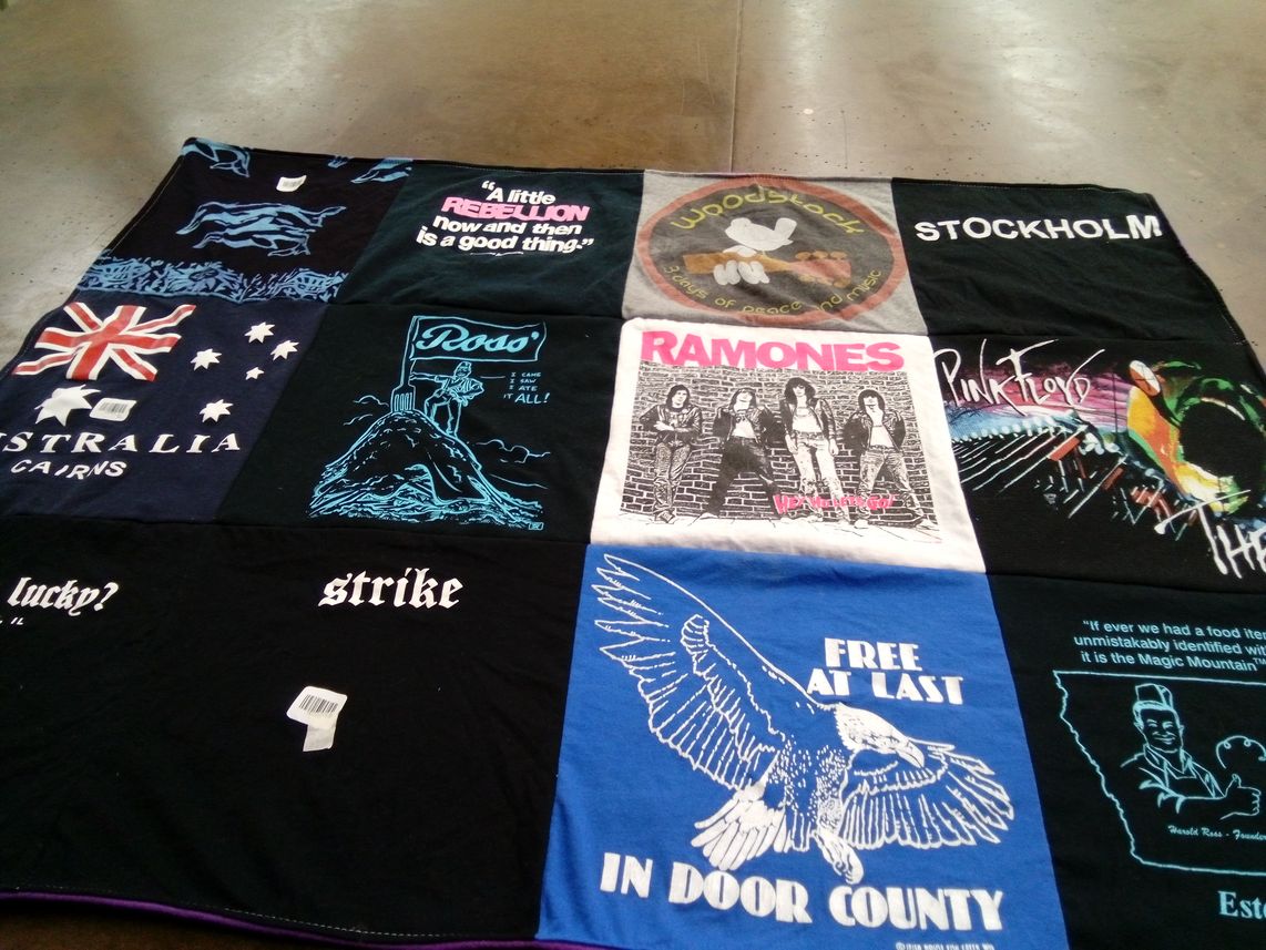 T-shirt quilt with music, travel themes by Kelli from IL
