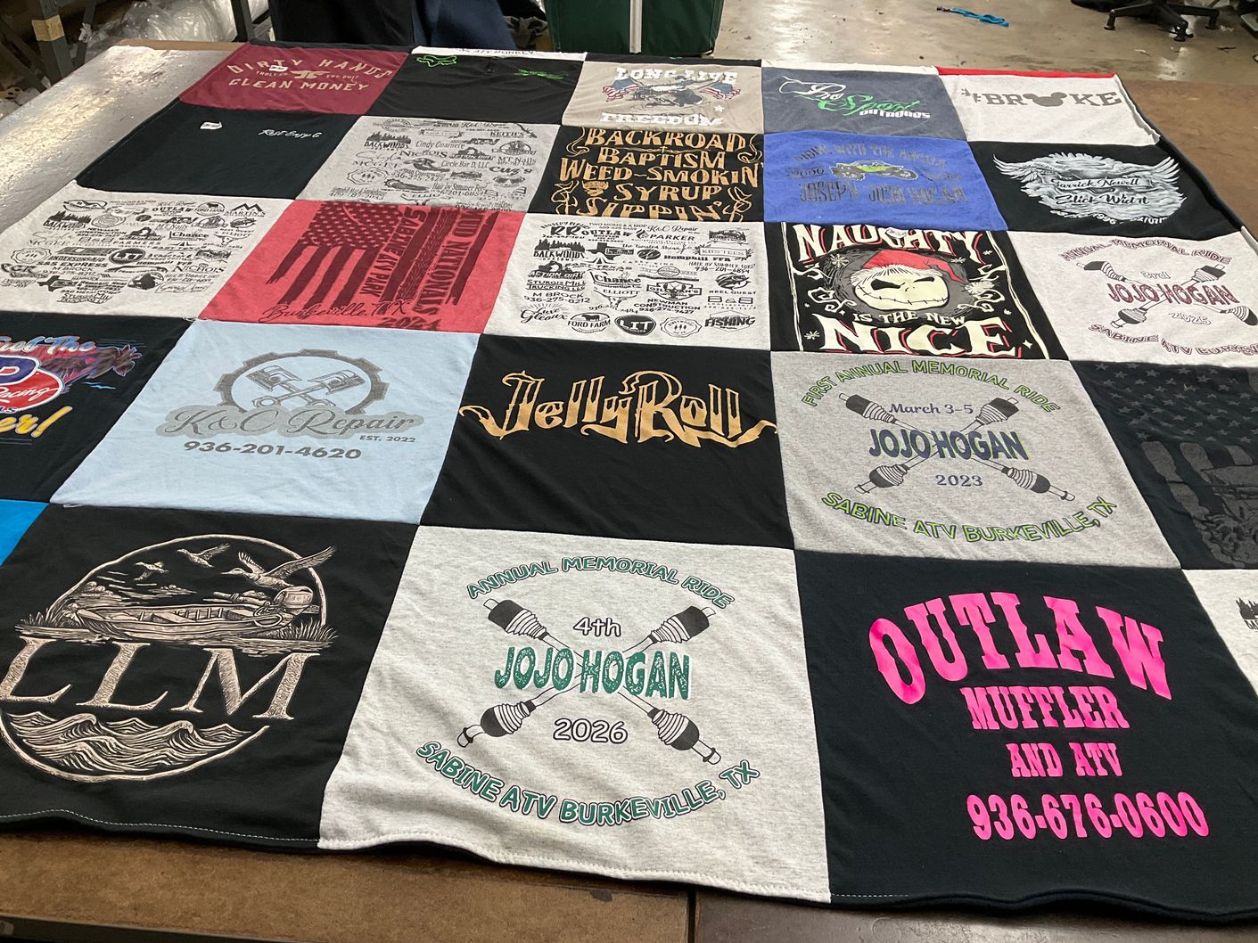 T-shirt quilt with motorcycles, repair shops themes by Dawn from TX