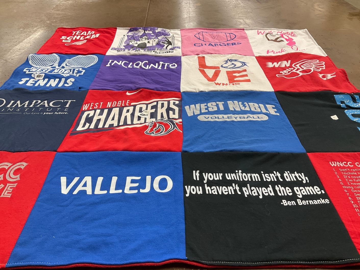 T-shirt quilt featuring west noble chargers by Angelica from IN