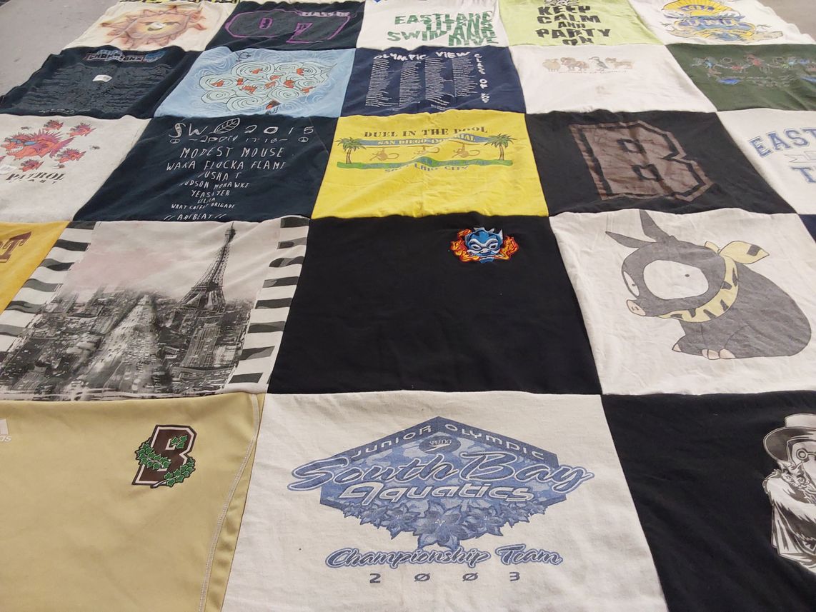 T-shirt quilt with music, swimming themes by Justine from CA