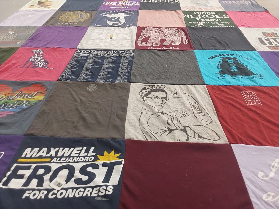 T-shirt quilt with politics, activism themes by Linda from FL
