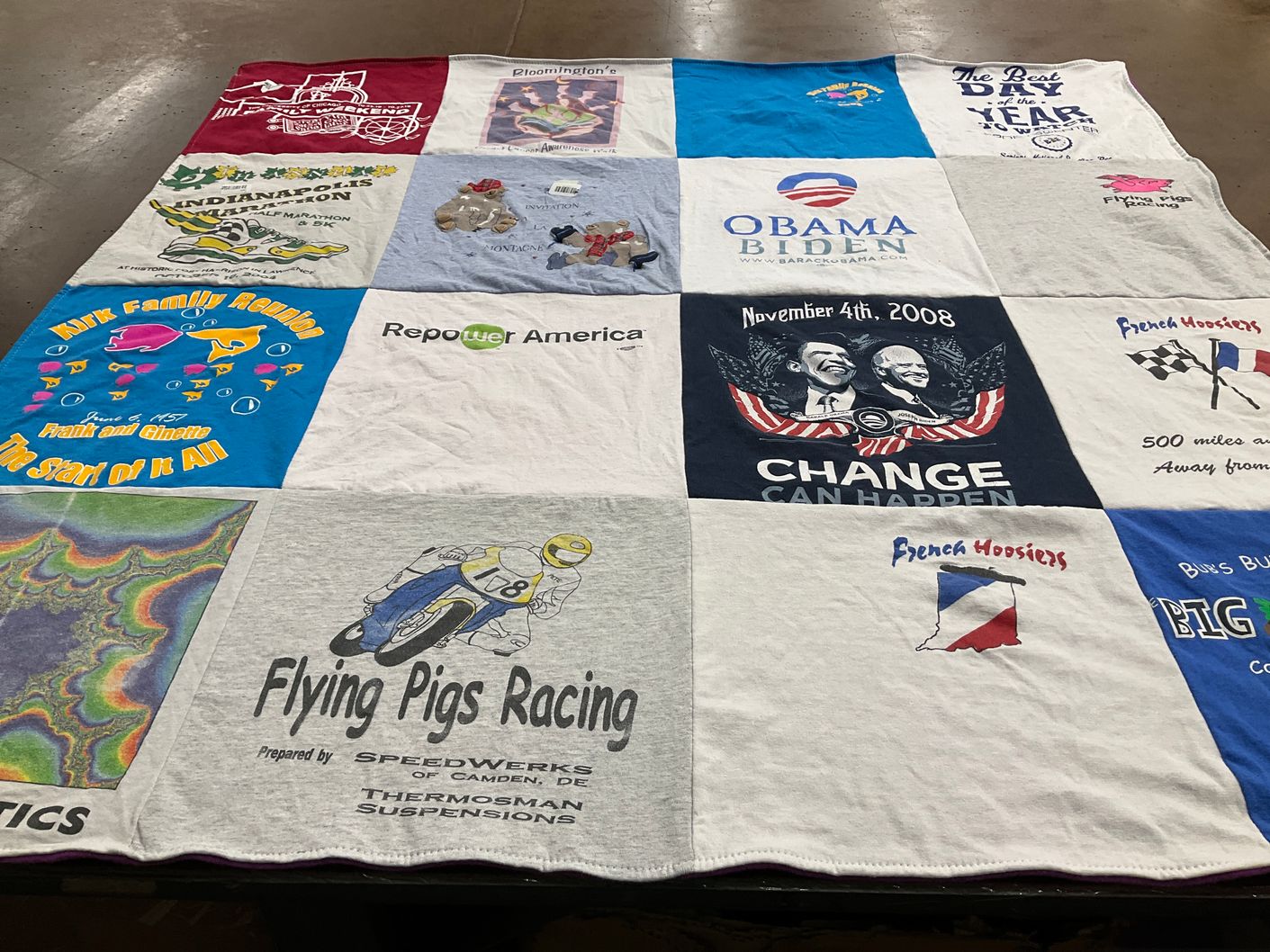 T-shirt quilt with politics, running themes by Beth from IN