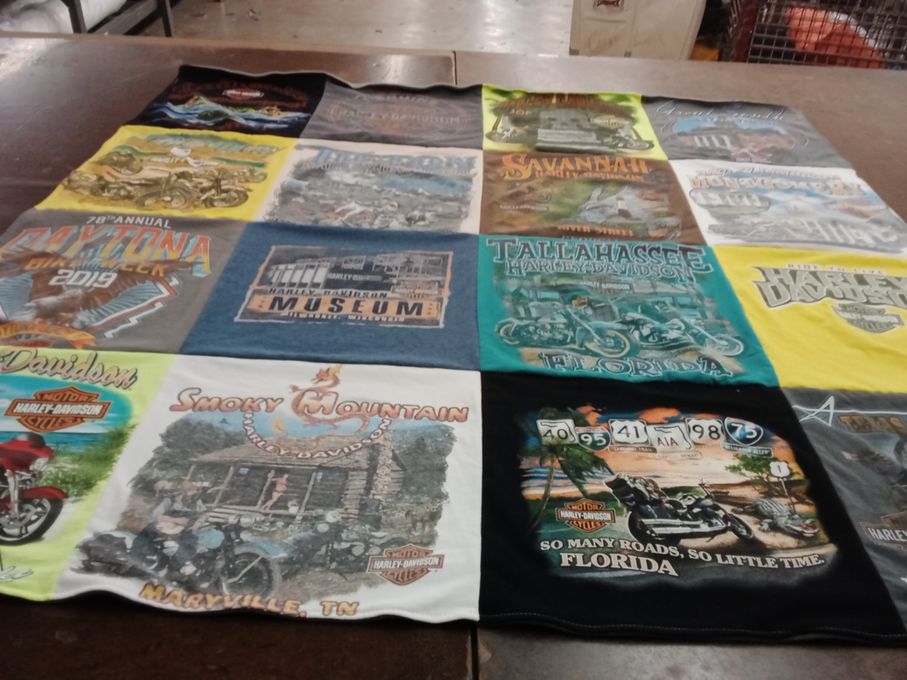 T-shirt quilt with motorcycles, biking themes by Frank from FL