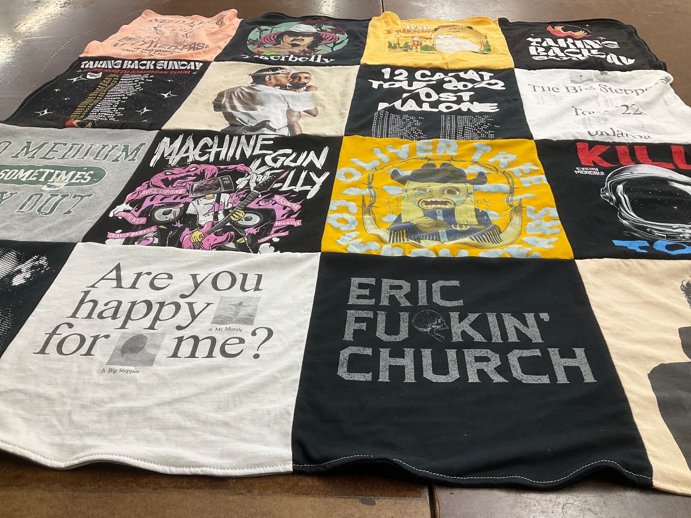 T-shirt quilt with music, concerts themes by Donajean from WI