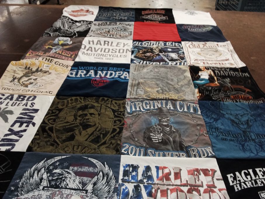 T-shirt quilt with motorcycles, fishing themes by Wisper from CA