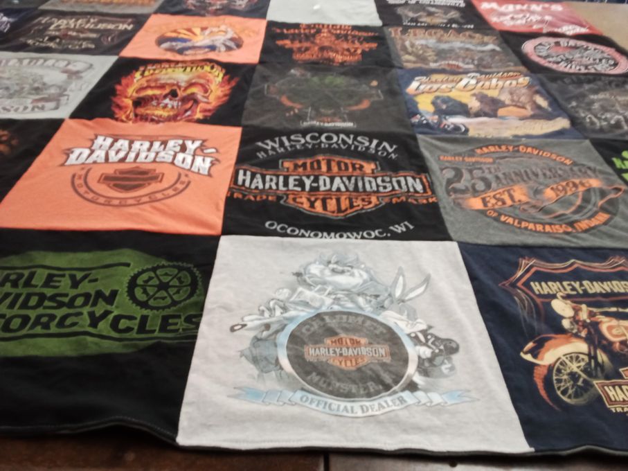 T-shirt quilt with motorcycles, biking themes by Kasey from IL