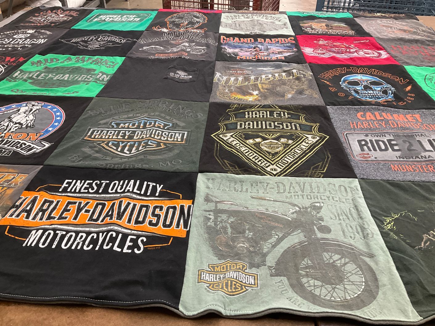 T-shirt quilt with motorcycles, biking themes by Kasey from CO