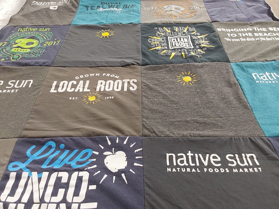T-shirt quilt with natural foods, clean eating themes by Connie from FL
