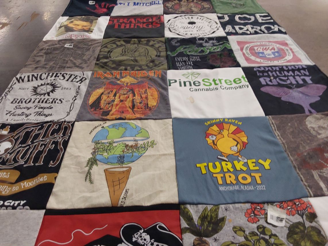 T-shirt quilt with music, cannabis themes by Megan from MI