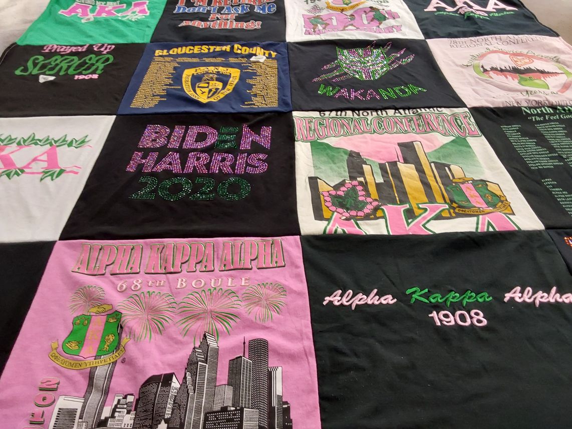 T-shirt quilt with greek life, social activism themes by Frances from NJ