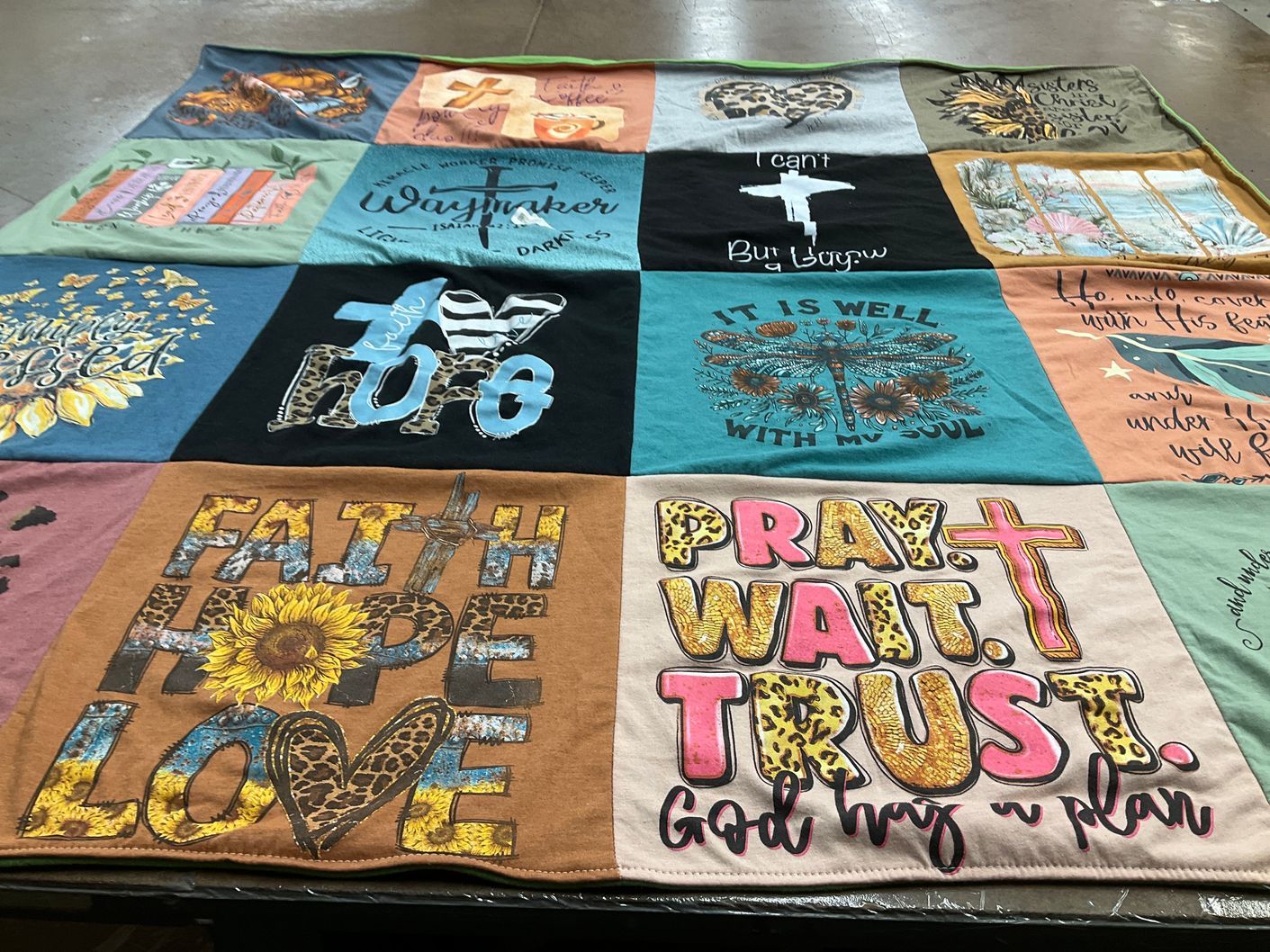 T-shirt quilt with faith, spirituality themes by Linda from TX