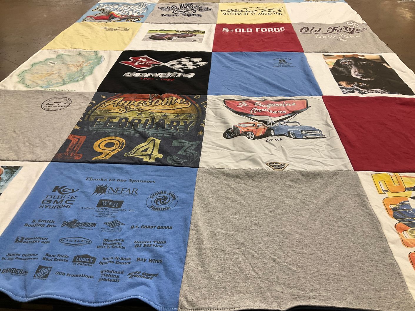 T-shirt quilt with car shows, historical events themes by Marilyn from FL