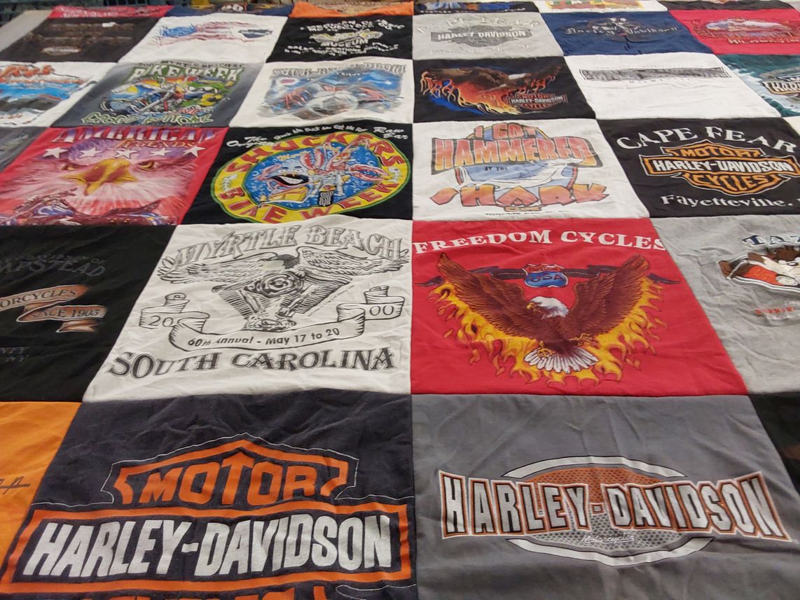 T-shirt quilt with motorcycles, biking themes by Usha from VA