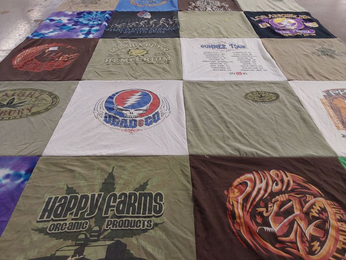 T-shirt quilt with music, outdoors themes by Tish from CA