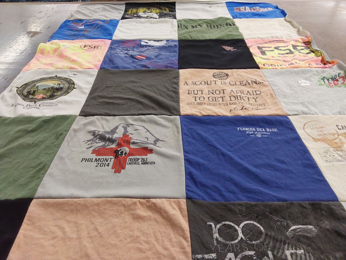 T-shirt quilt with scouting, camping themes by Cole from WI