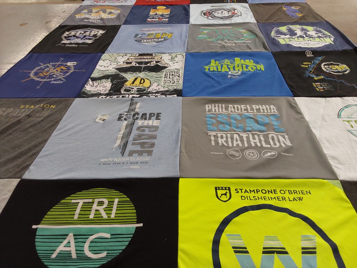 T-shirt quilt with triathlons, open water swimming themes by Ruth from NJ