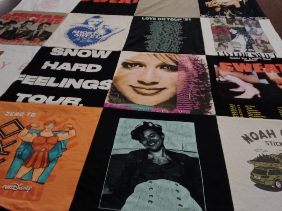 T-shirt quilt with music, tours themes by Brooke from NY