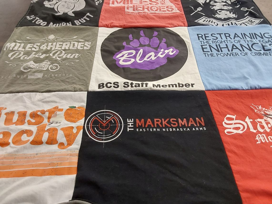T-shirt quilt with motorcycles, community events themes by Lanette from NE