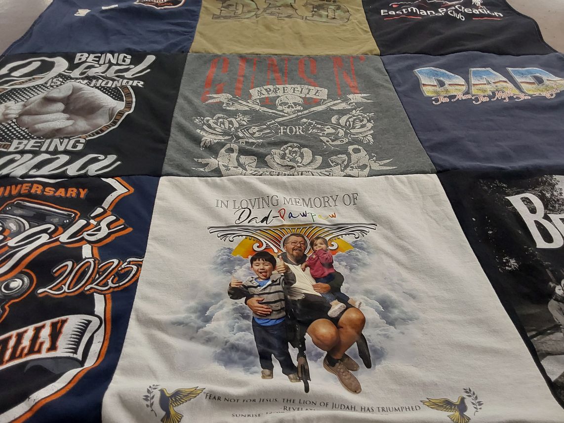 T-shirt quilt with family, fatherhood themes by Hope from MS