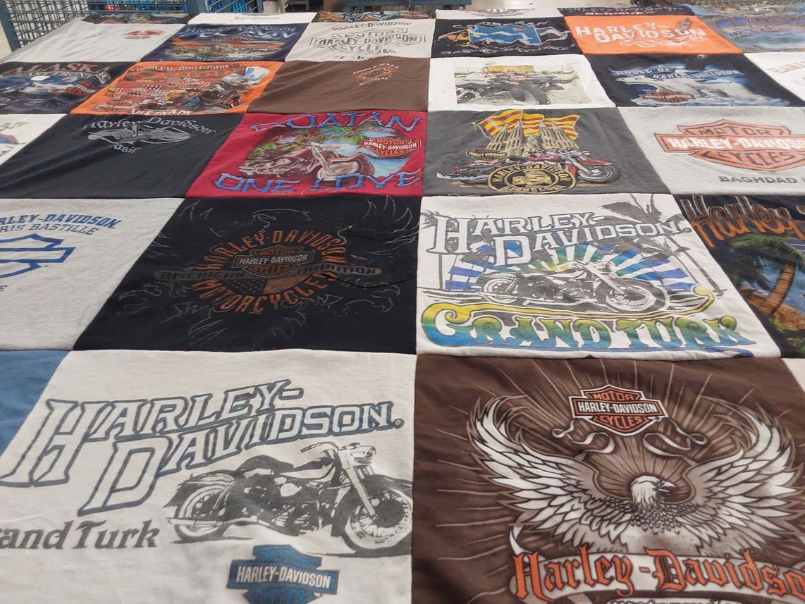 T-shirt quilt with motorcycles, biking themes by Maria from NJ