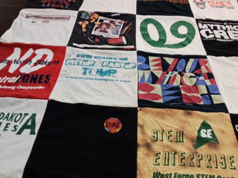 T-shirt quilt with swimming, stem themes by Brittney from MN