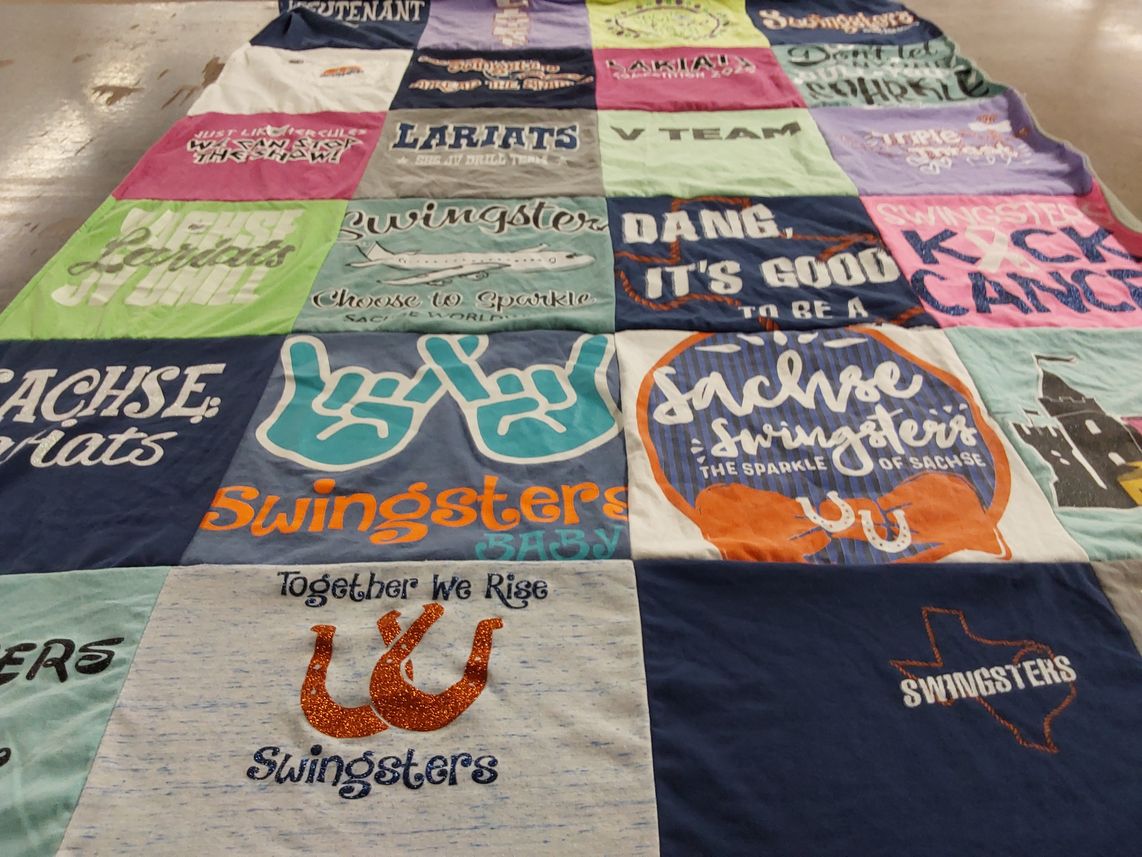 T-shirt quilt featuring sachse high school, swingsters by Monica from CA
