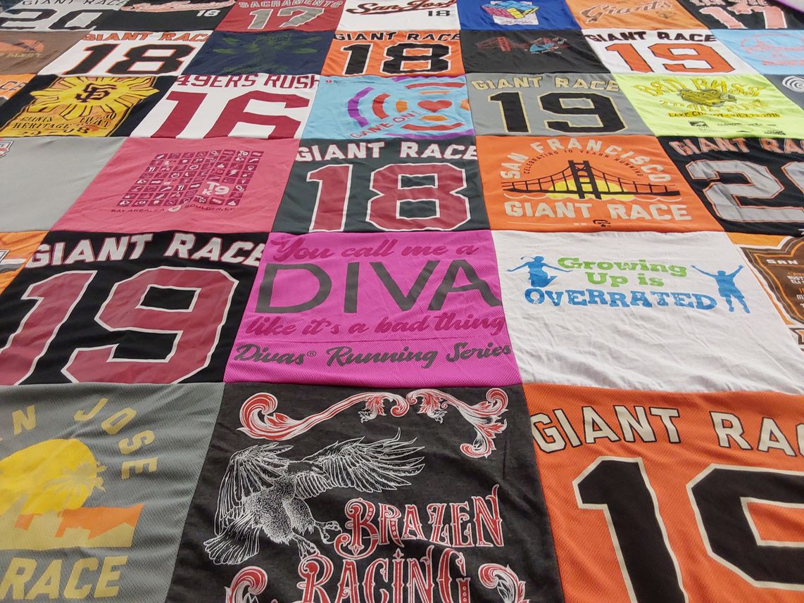 T-shirt quilt with running, racing themes by Rachel from CA