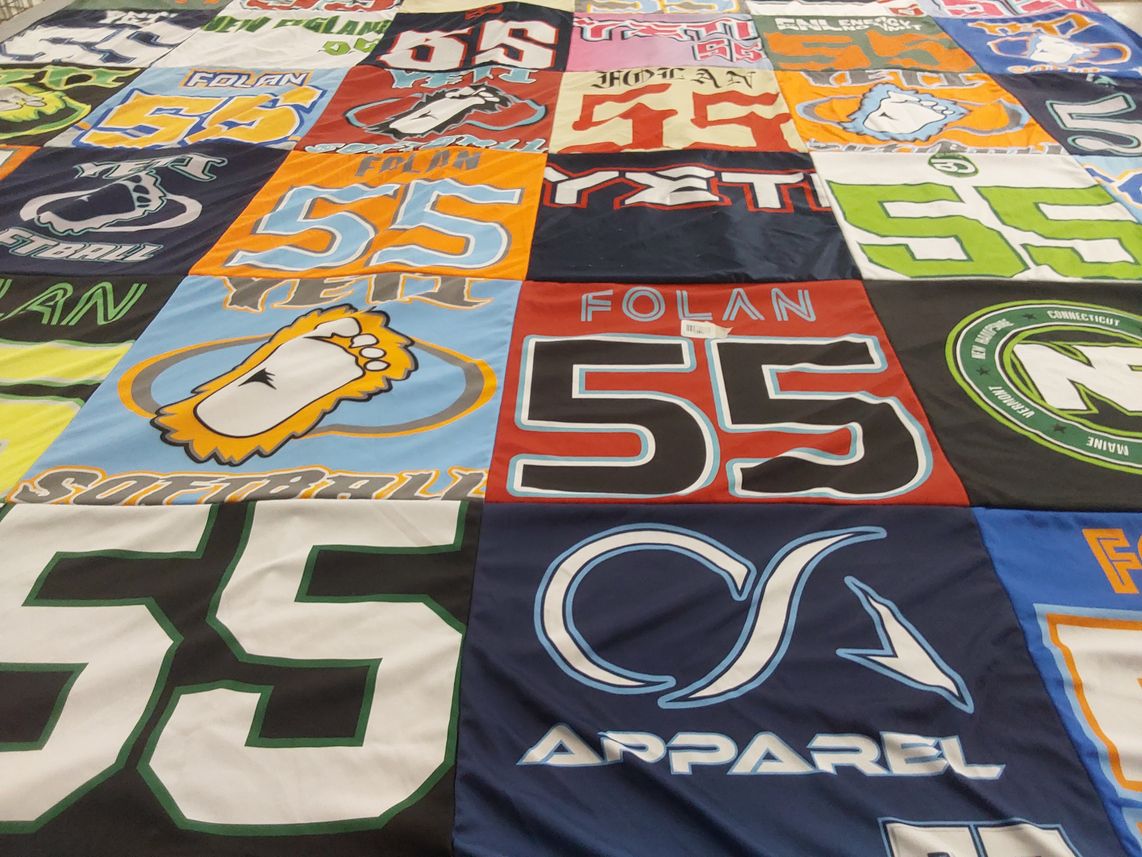 T-shirt quilt with sports, softball themes by Stacy from RI