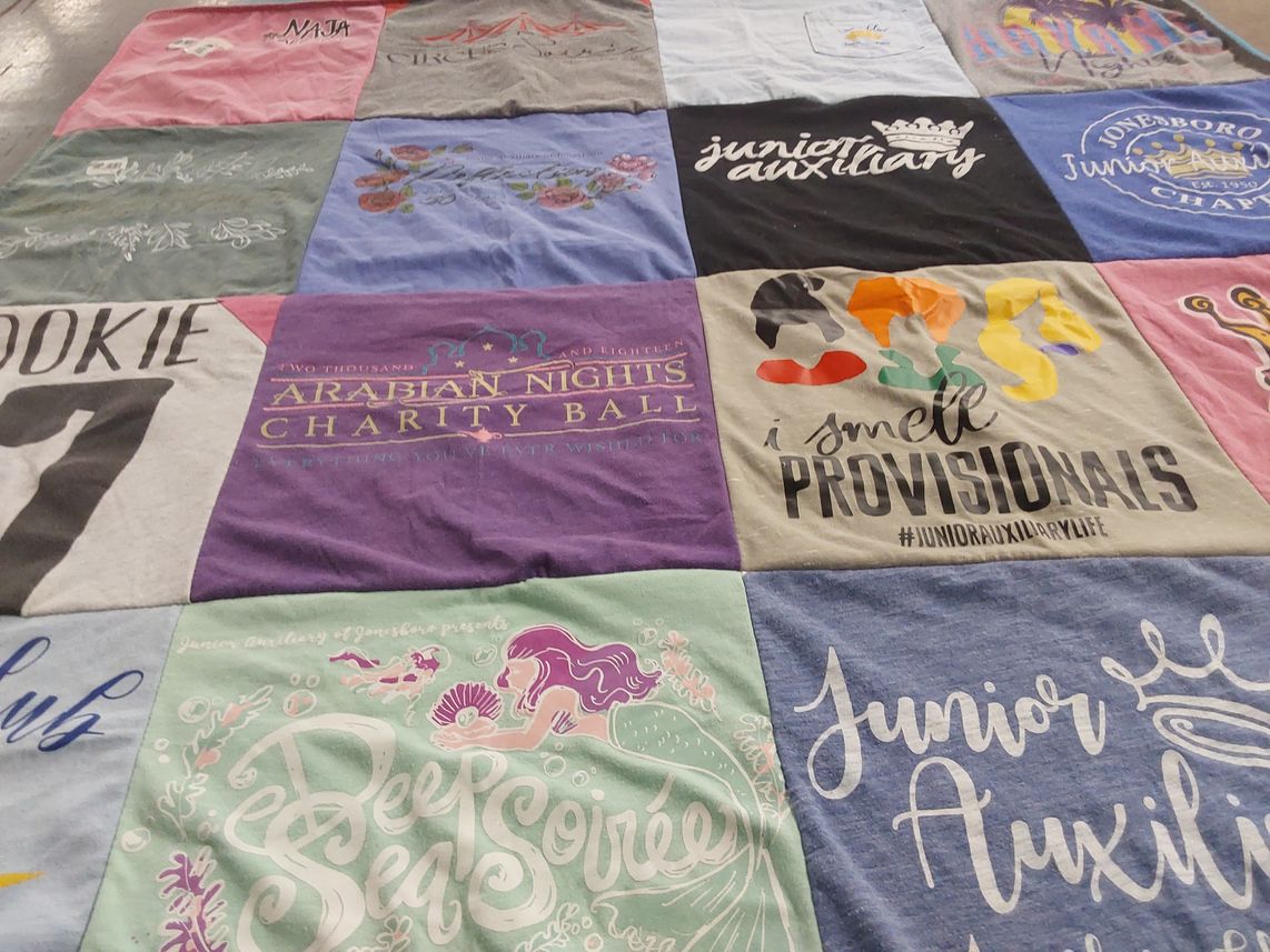 T-shirt quilt with charity, community service themes by Stacy from AR