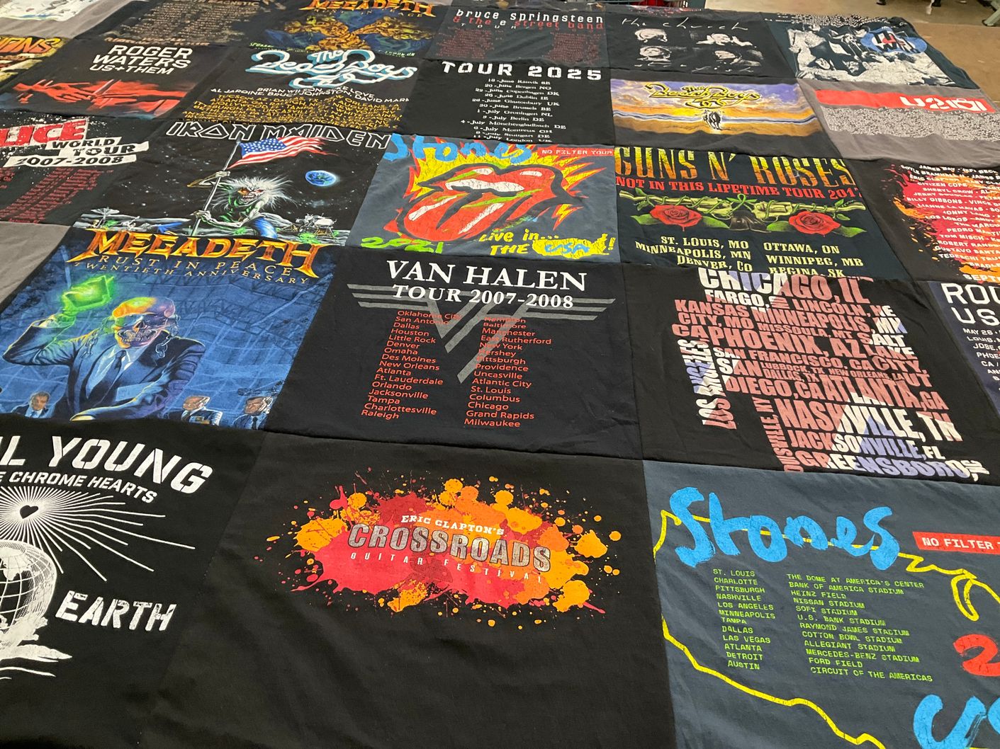 T-shirt quilt with music, concerts themes by Susan from TX