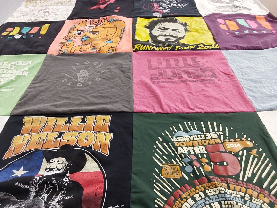 T-shirt quilt with music, concerts themes by Misae from NC