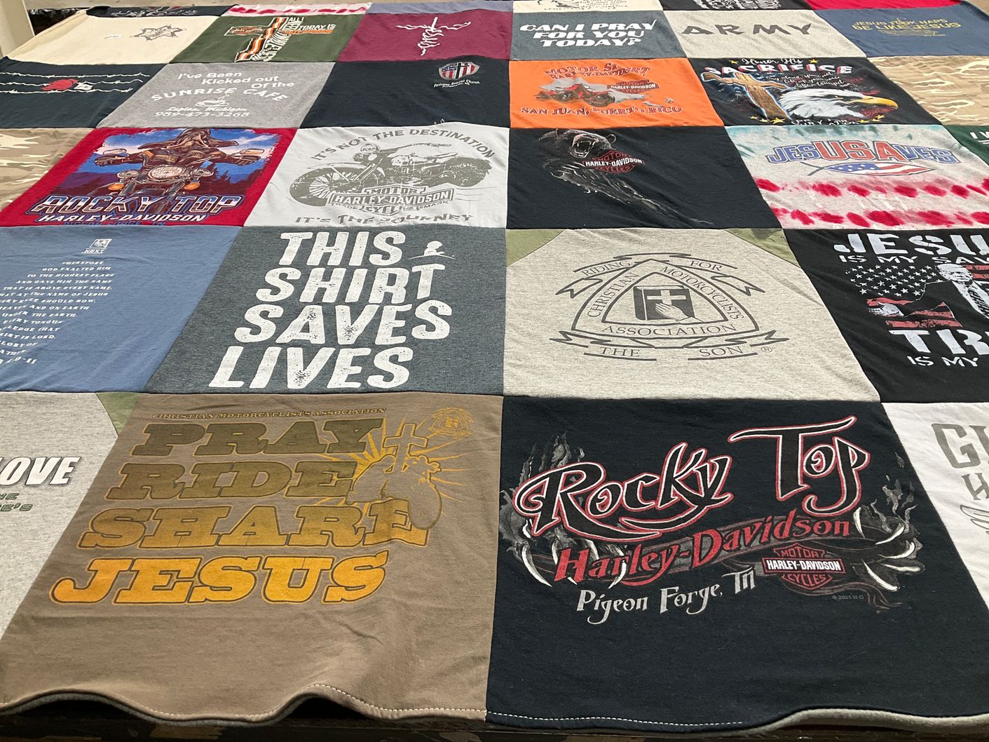 T-shirt quilt with motorcycles, jesus themes by Michaela from IA