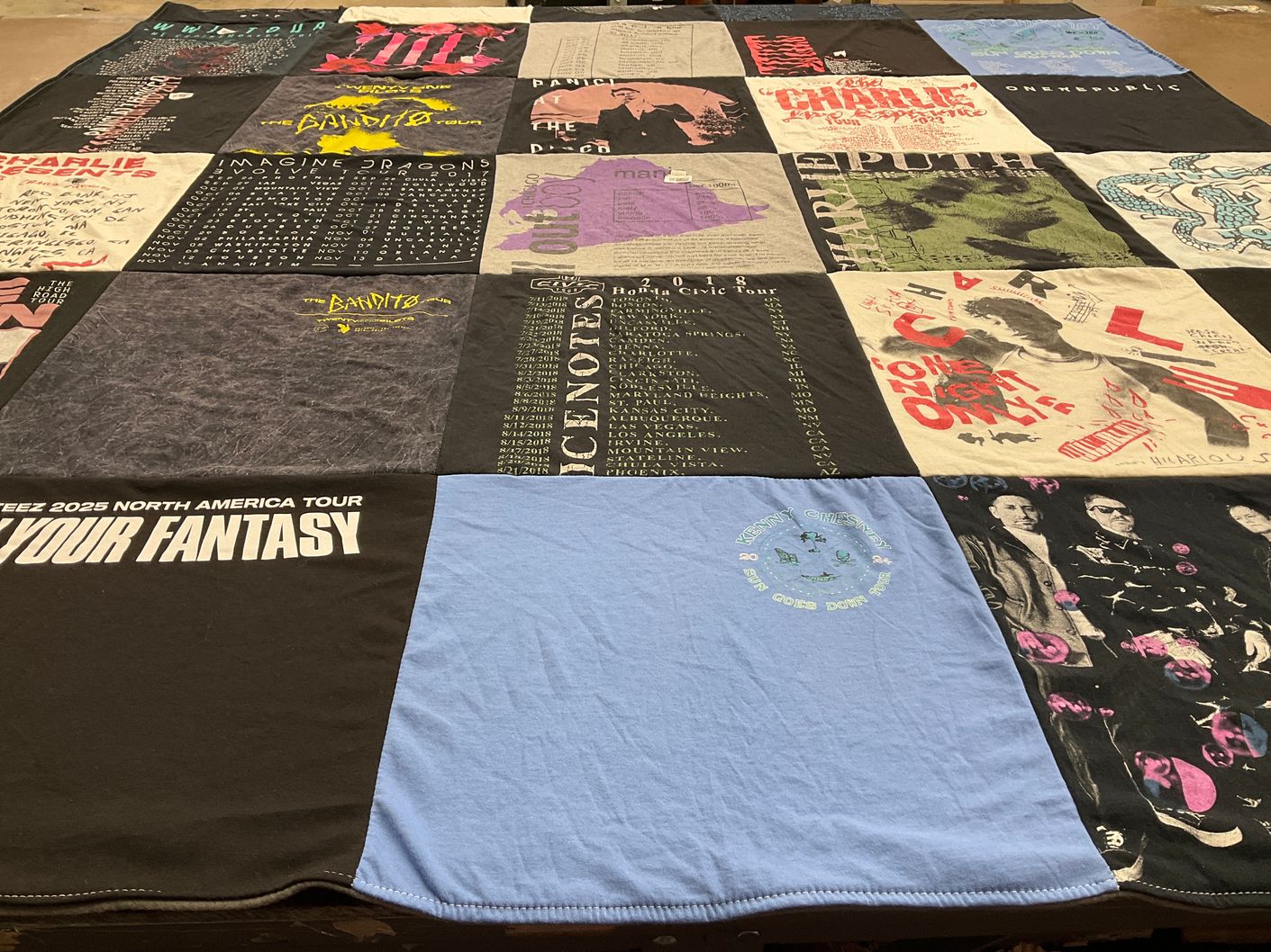T-shirt quilt with music, concerts themes by Abigail from CA