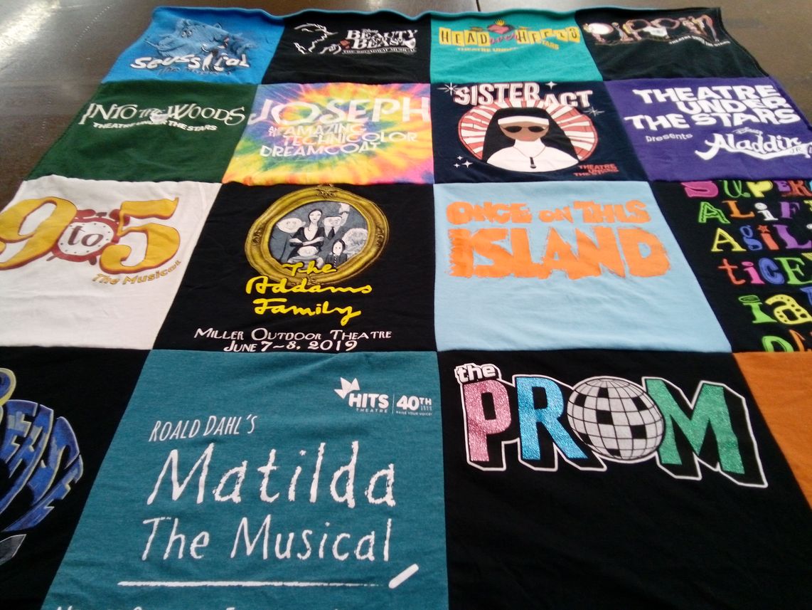 T-shirt quilt with theater, musicals themes by Kim from TX