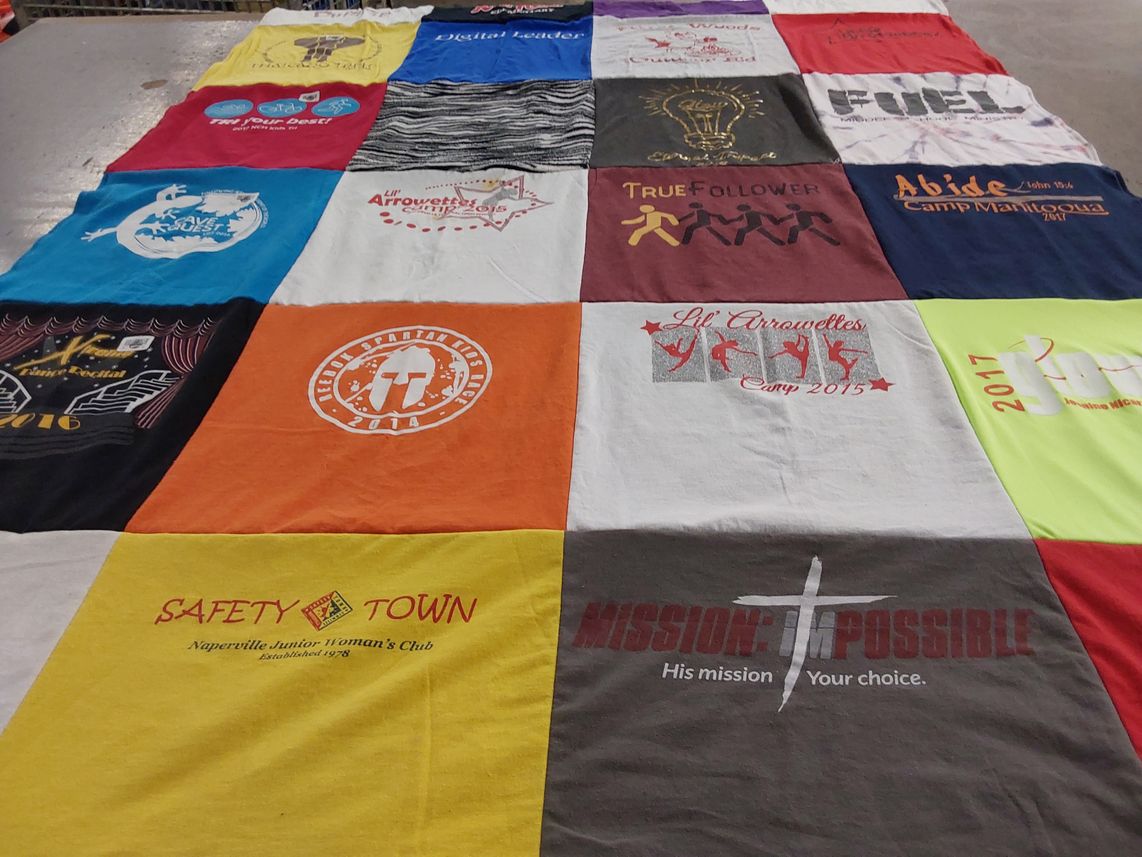 T-shirt quilt with camping, youth activities themes by Timothy from IL